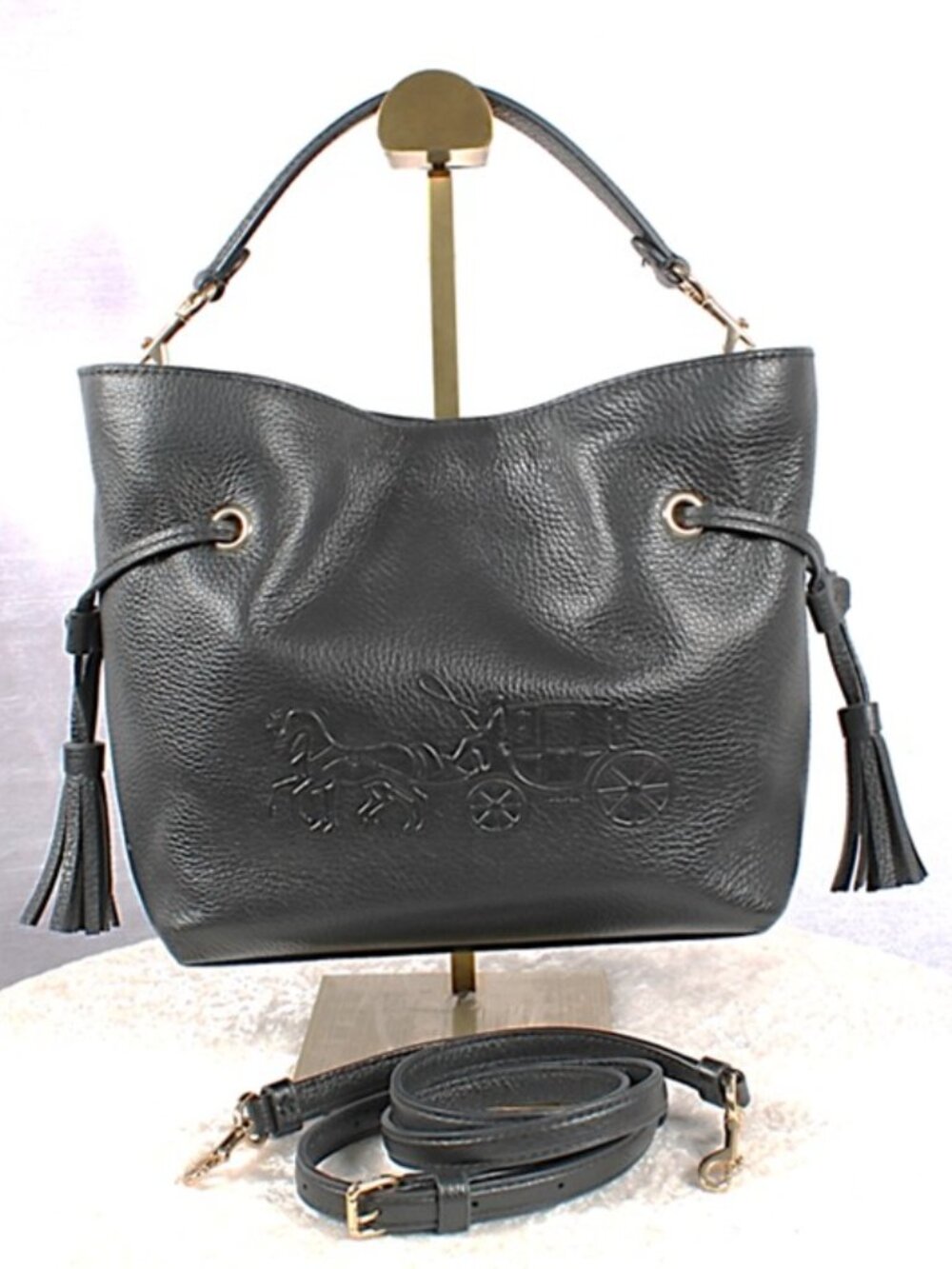 Coach Black Pebbled Leather Horse & Carriage Tassel Bucket Shoulder Crossbody